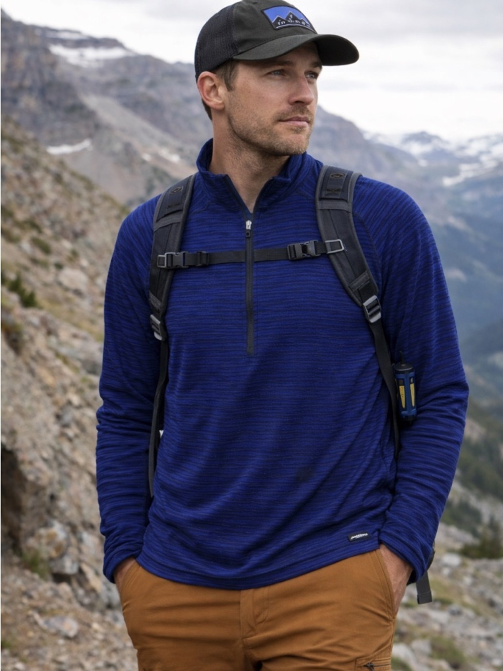 Patagonia Men’s Blue Black Stripe Gorpcore Performance Half Zip Jacket Size XL